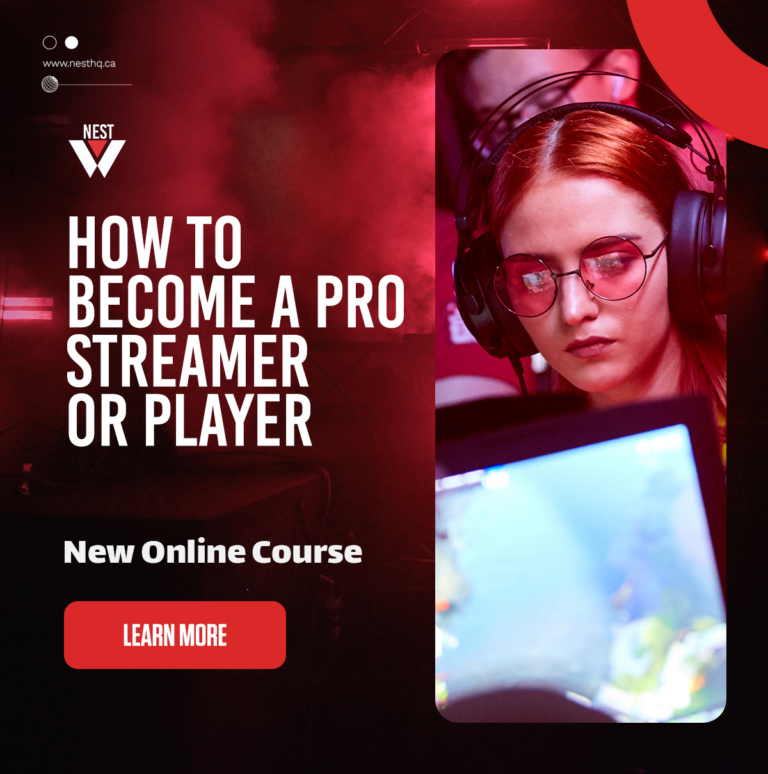 NEST online course teaching beginners how to become a pro streamer or esports player through branding, wellness, contracts, and planning.