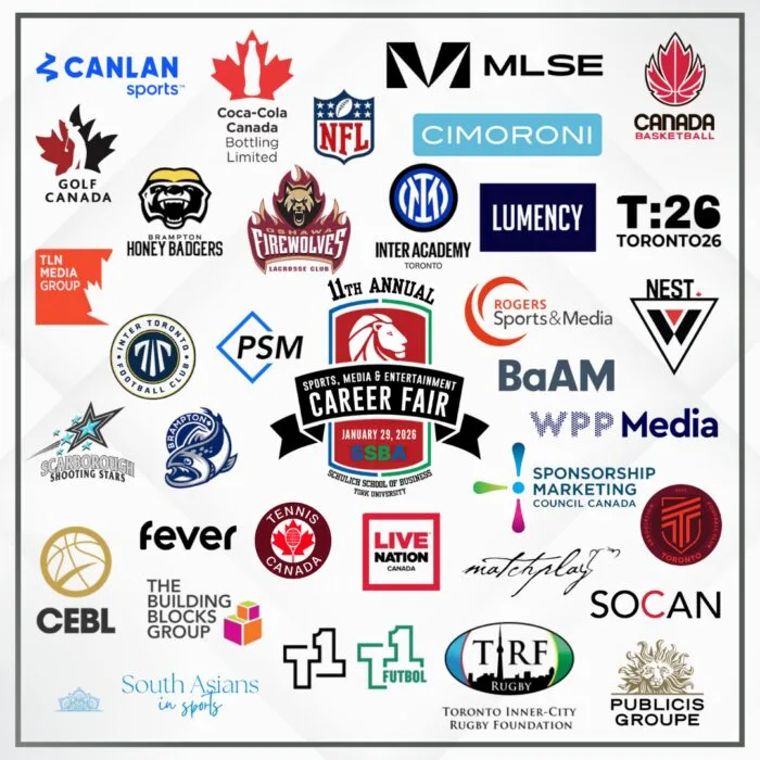 Logos of companies and organizations participating in the 11th Annual Sports, Media & Entertainment Career Fair at the Schulich School of Business, including major sports, media, and entertainment organizations.