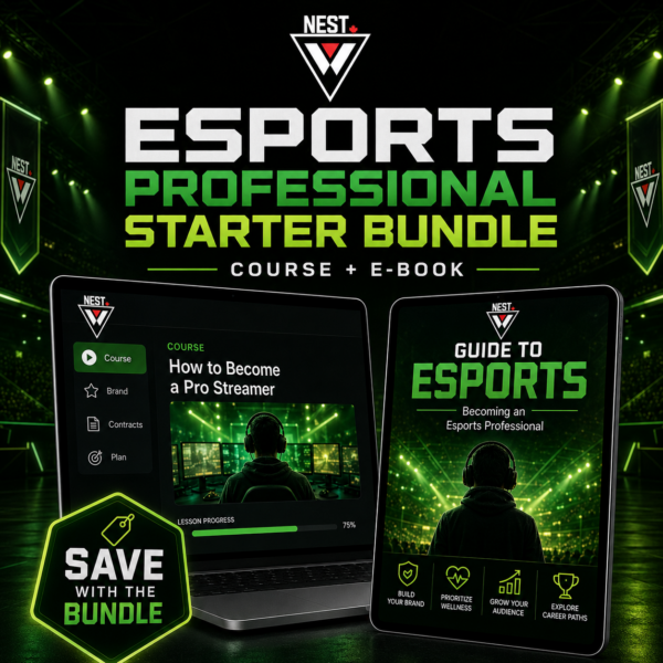 Esports Professional Starter Bundle featuring a digital course and e-book for aspiring esports players and streamers.