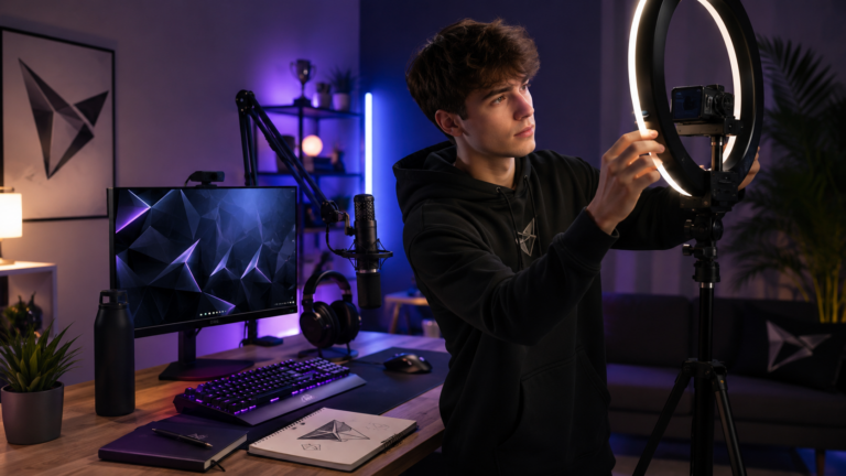 Esports creator adjusting a ring light in a professional streaming setup with microphone, gaming computer, headset, and branded workspace.