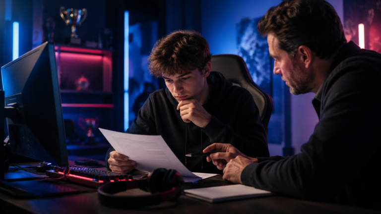 Esports player reviewing a contract with an advisor in a gaming room with computer equipment and tournament trophies in the background.