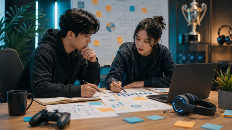 Esports team founders planning a business strategy at a desk with charts, notes, gaming equipment, laptop, and trophy in the background.
