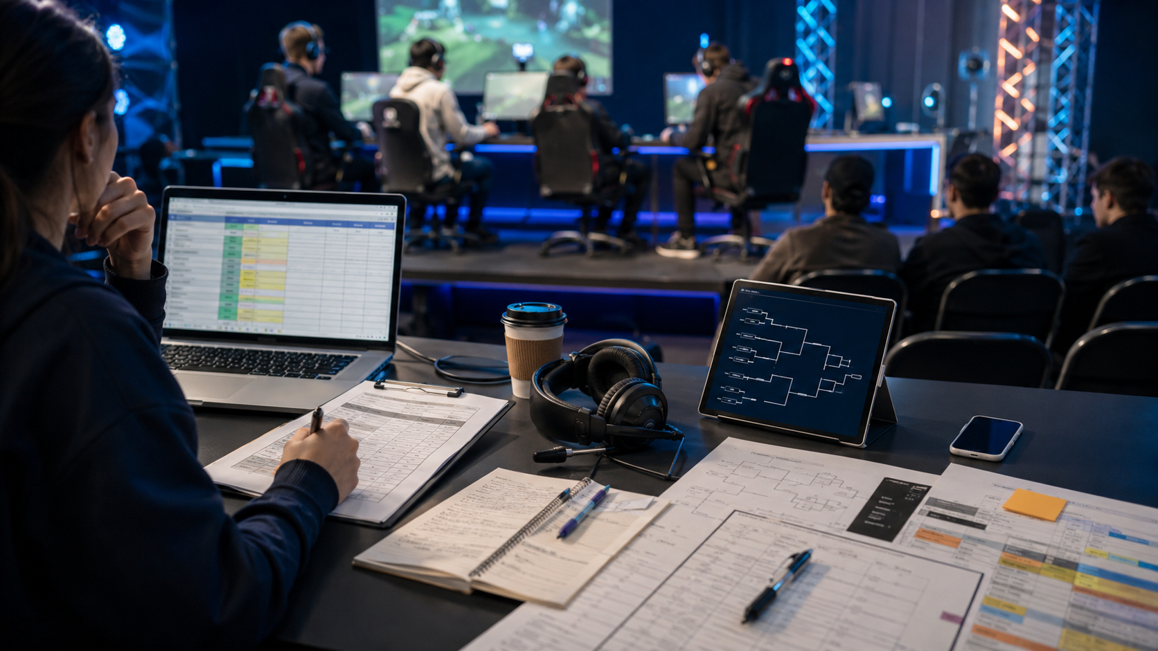 Tournament organizer managing an esports event with bracket sheets, schedules, laptop, headset, and players competing on stage in the background.