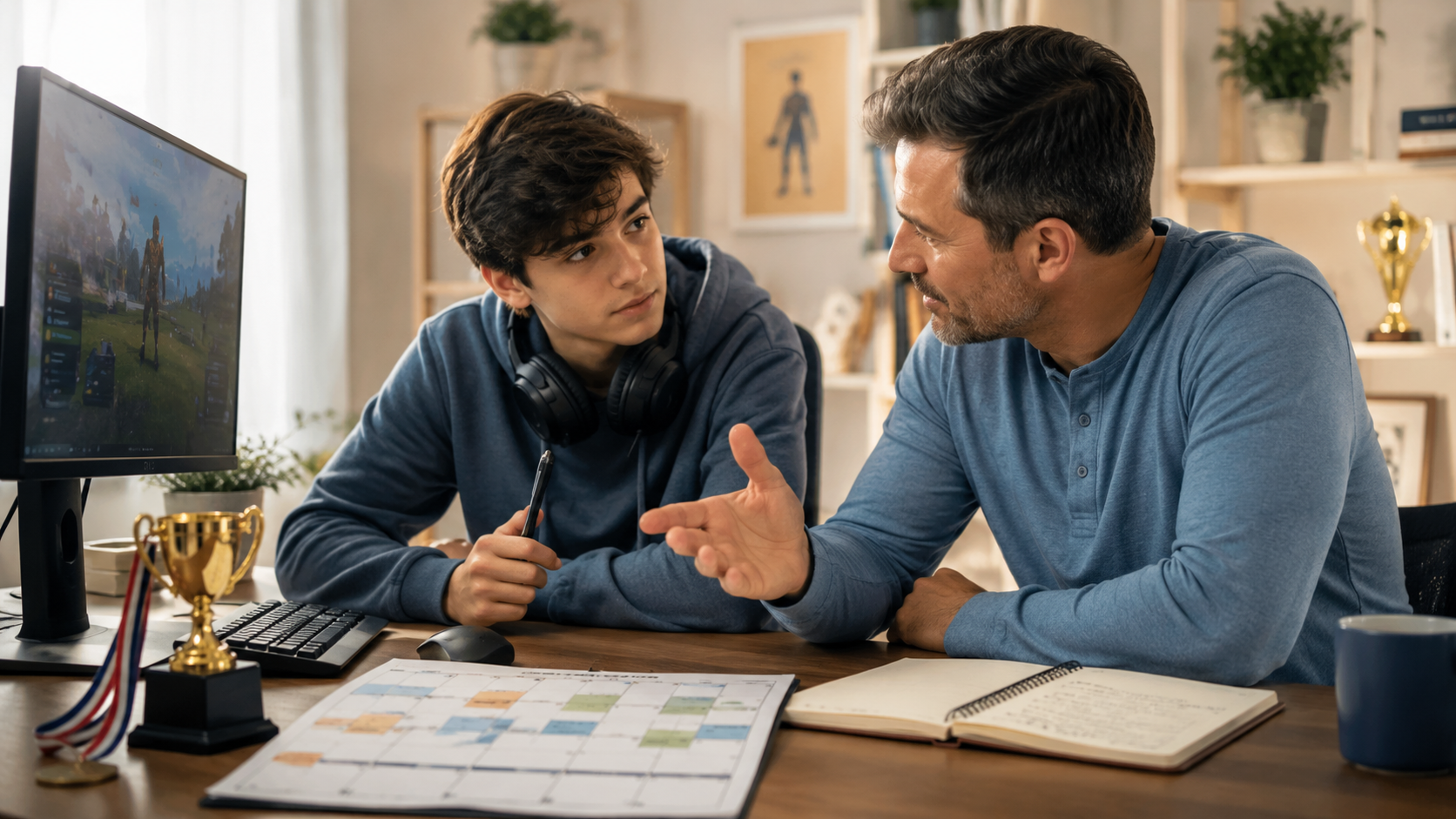 Parent discussing esports goals with a teen gamer at a home gaming setup with a computer, headset, trophy, calendar, and notebook.