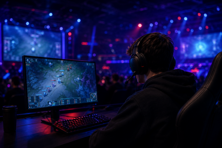 Esports player competing at a gaming computer during a live esports event, surrounded by arena lights, large screens, and a crowd in the background.