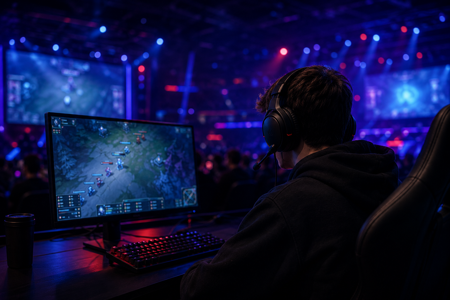 Esports player competing at a gaming computer during a live esports event, surrounded by arena lights, large screens, and a crowd in the background.