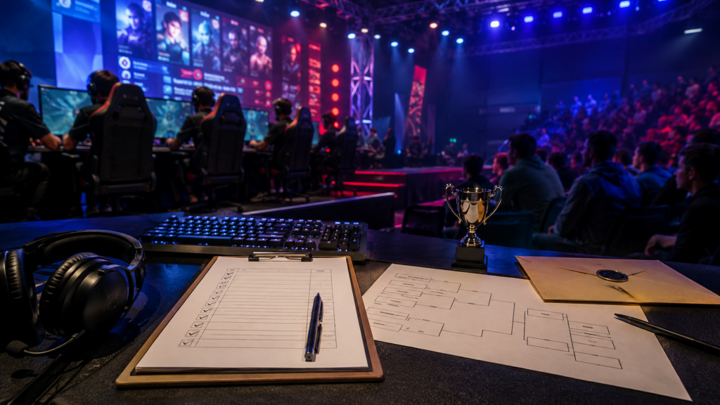 Esports tournament planning desk with headset, bracket sheets, checklist, trophy, and live competitive gaming event in the background.