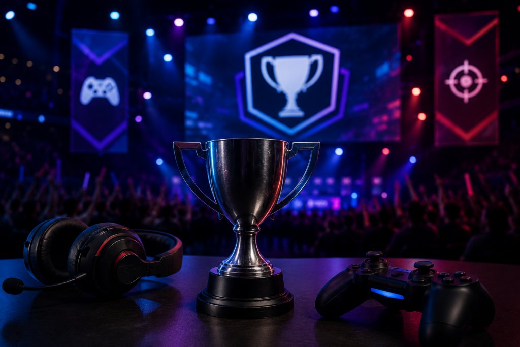 Esports trophy, headset, and controller on a table in front of a neon-lit competitive gaming arena with a crowd in the background.