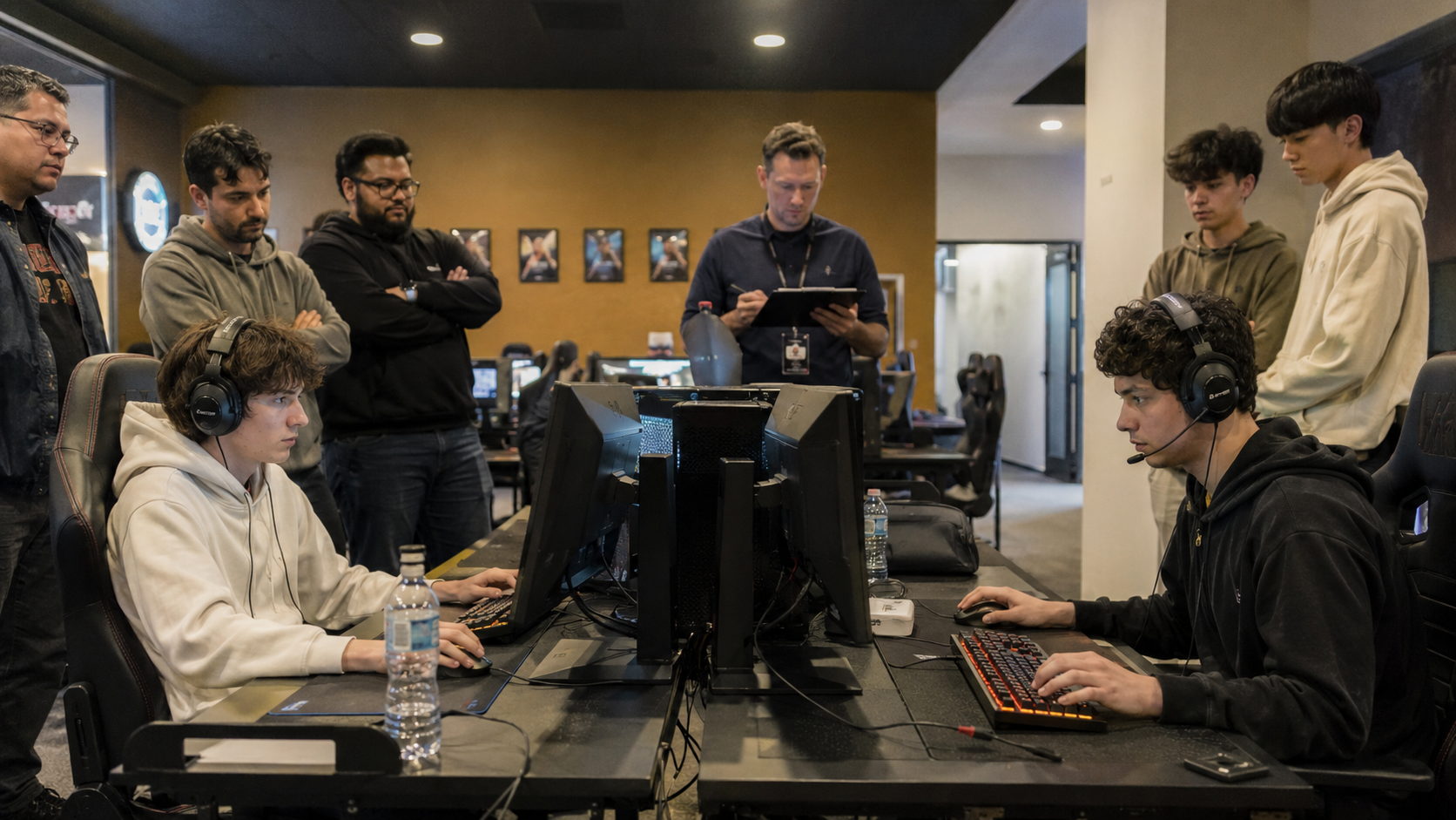 Esports players competing in a local gaming lounge while organizers and spectators watch during a casual competitive tournament.