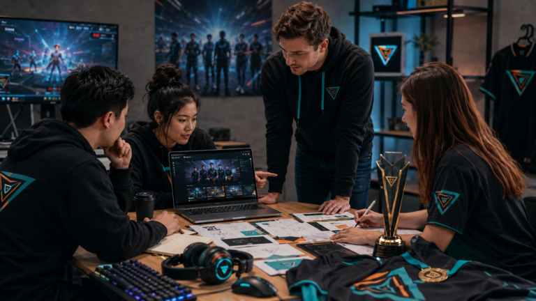 Esports team planning a brand launch with jerseys, trophy, gaming equipment, strategy notes, and team visuals in a creative workspace.
