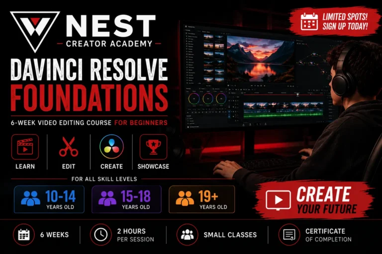 NEST Creator Academy DaVinci Resolve Foundations beginner video editing course starting August 8