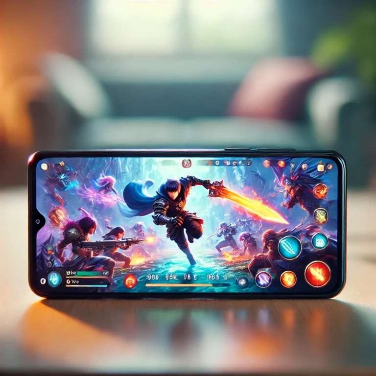 A close-up view of a smartphone displaying an action-packed mobile game, with bright graphics and vivid details, placed on a flat surface in a cozy indoor setting.