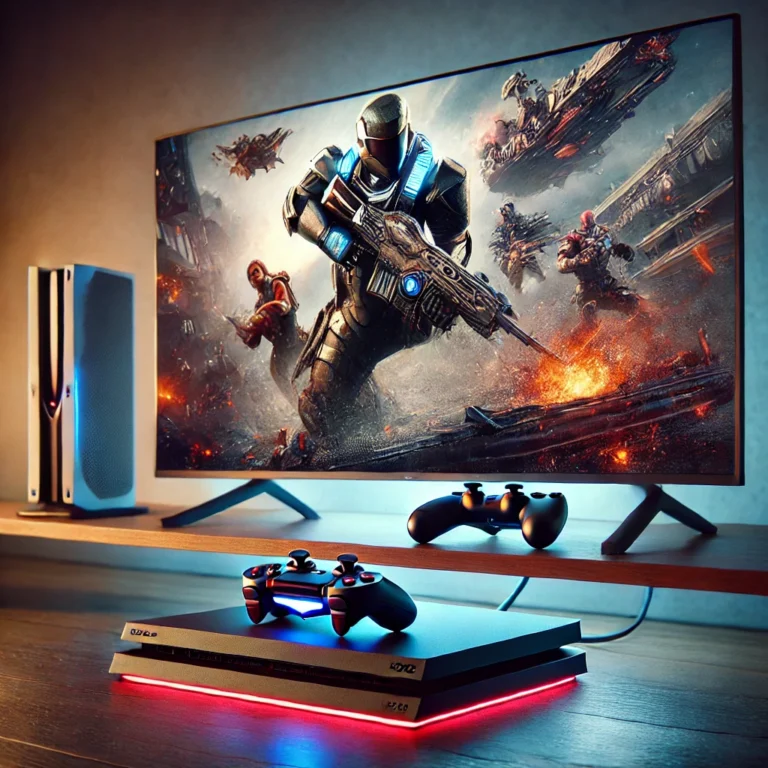A modern gaming console setup with a large flat-screen TV displaying a vibrant action-packed video game, accompanied by a sleek controller on a minimalist TV stand.