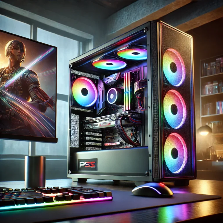 A modern gaming PC setup with a transparent side panel revealing vibrant RGB lighting and internal components, accompanied by a monitor displaying a high-quality video game scene.